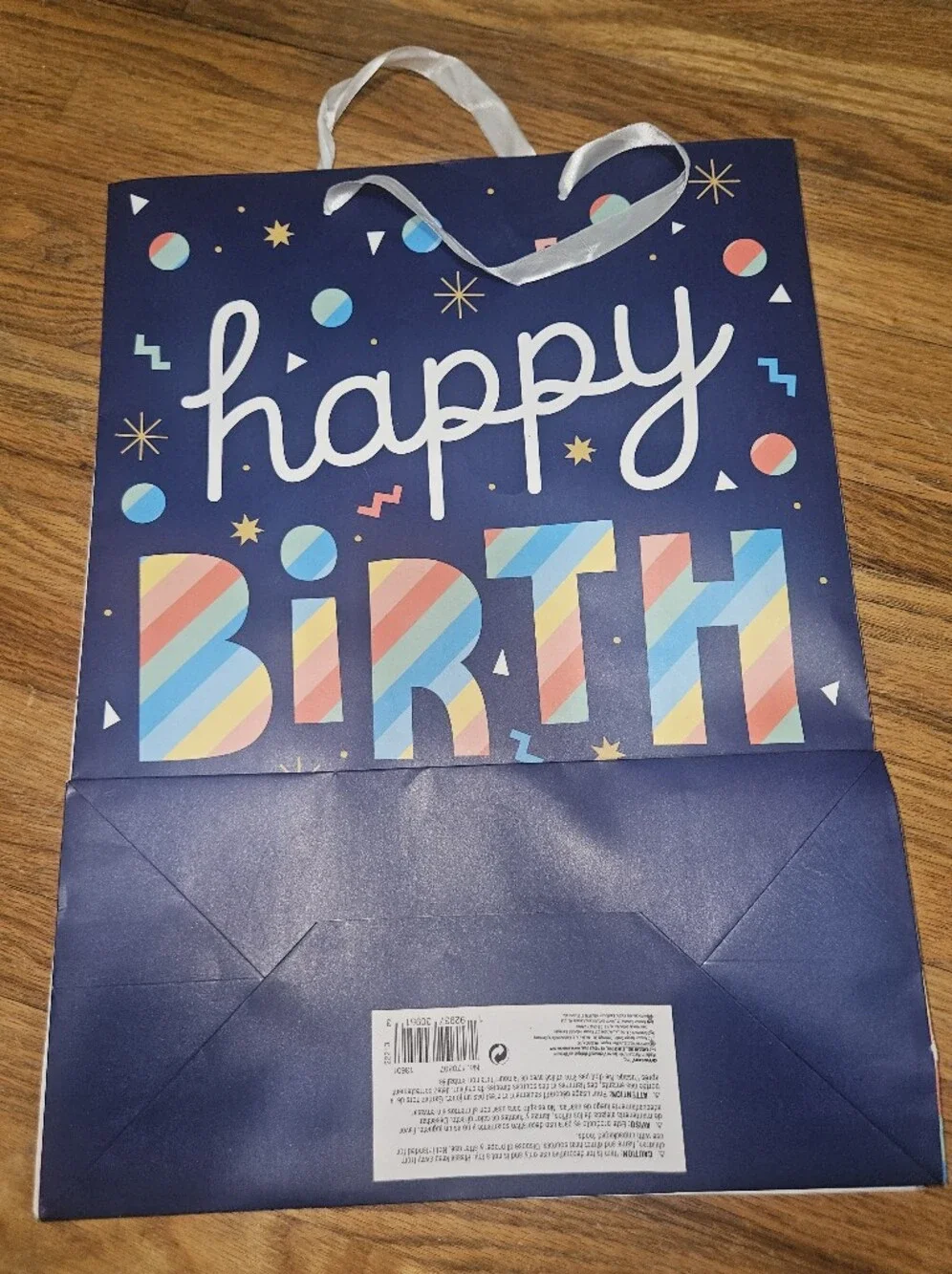 Navy Blue 'Happy Birthday' Gift Bag with Multicolor Stripes 17